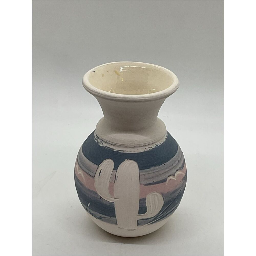 Acevloza Mexican Hand-Painted Ceramic Cactus Vase in Blue and Pink